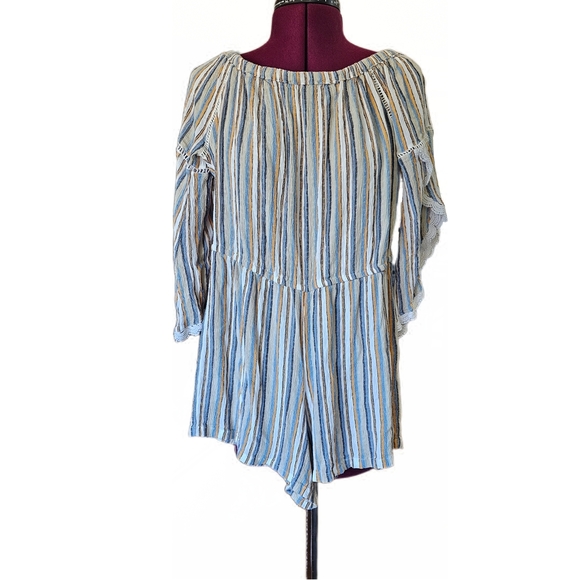 Angie Off The Shoulder Striped Romper With Lace Accents - Picture 1 of 10